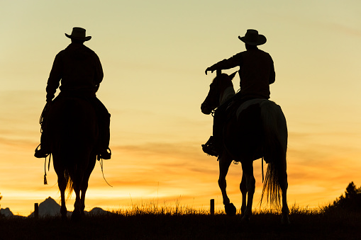 Cowboys & horses in silhouette at dawn on ranch, British Colombia, Canada