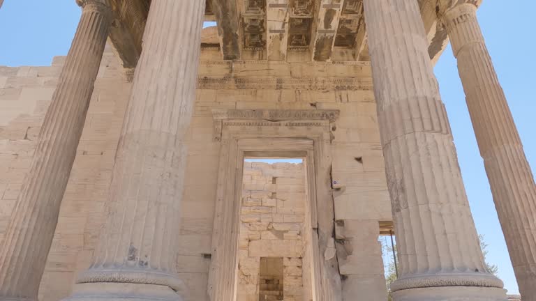 View of the pillars at the entrance to the sanctuary Pandroseion on the Acropolis of Athens, Greece