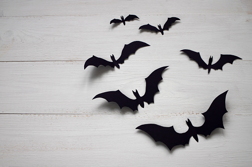Halloween party concept. Paper silhouettes of black bats on a white wooden background. Flat stacking, space for text