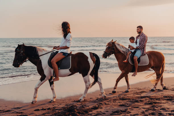 a família passa tempo com seus filhos enquanto cavalgam juntos em uma praia de areia. foco seletivo - silhouette three people beach horizon - fotografias e filmes do acervo