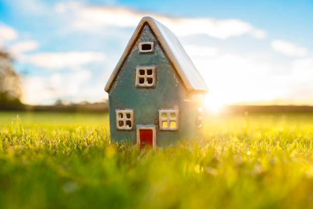 Model detatched cottage house in empty green grass field at sunset background concept for construction and real estate