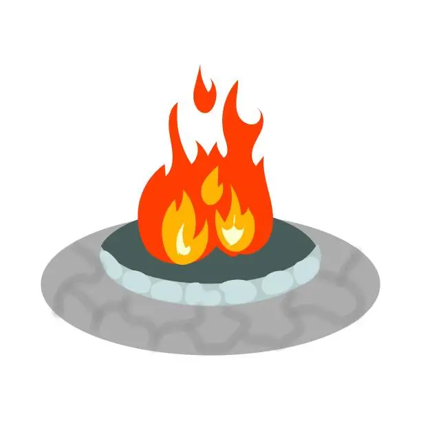 Vector illustration of Bonfire burning in stone circle in the camp,