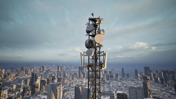 Telecommunication tower with 5G cellular network antenna on city background, 3d render Telecommunication tower with 5G cellular network antenna on city background, 3d render 5g stock pictures, royalty-free photos & images