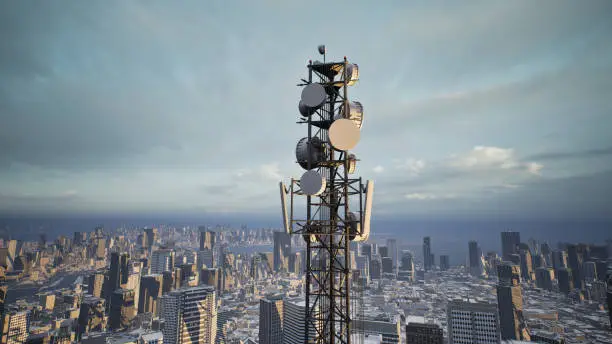 Photo of Telecommunication tower with 5G cellular network antenna on city background, 3d render