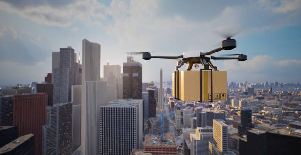 istock Autonomous cargo drone flying on big city, 3d render 1435273514