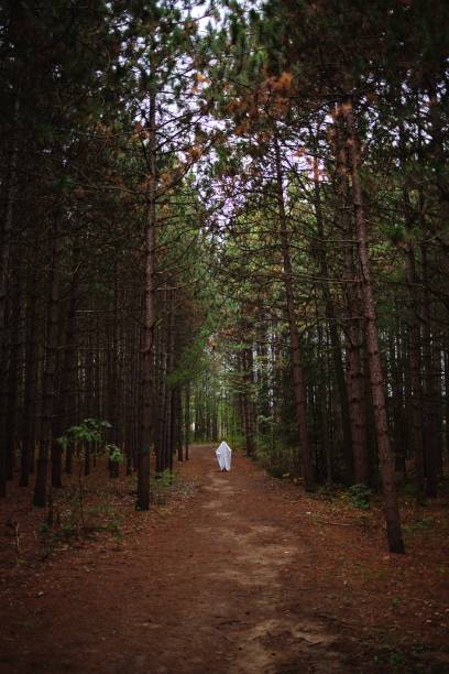 istock Vertical shot of a ghost silhouette on a trail in a mysterious forest 1435274035