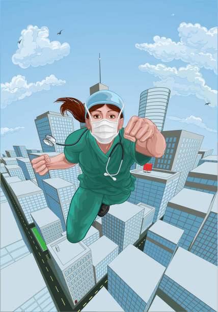 arzt krankenschwester scrubs superheld fliegen super hero - superhero comic book cityscape flying stock-grafiken, -clipart, -cartoons und -symbole