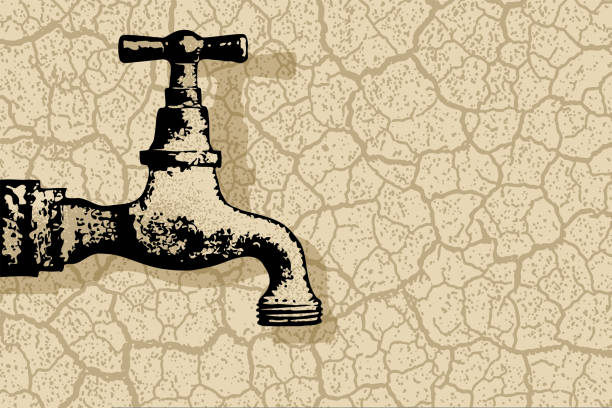 ilustrações, clipart, desenhos animados e ícones de seca - terra rachada com torneira de água enferrujada - controla da erosão