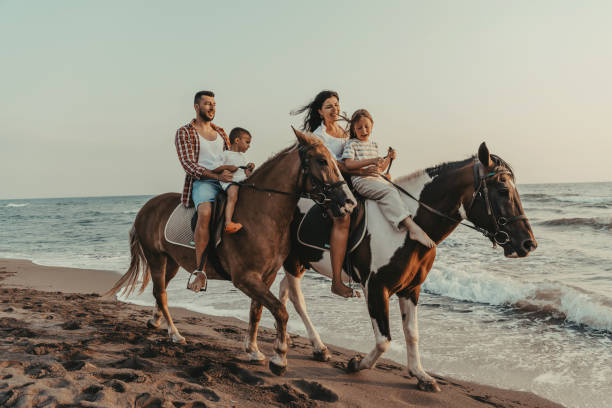 the family spends time with their children while riding horses together on a sandy beach. selective focus - mounted imagens e fotografias de stock