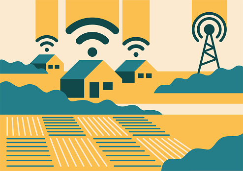 Rural broadband for e-connectivity of agricultural workers. Landscape with village houses and internet connection waves