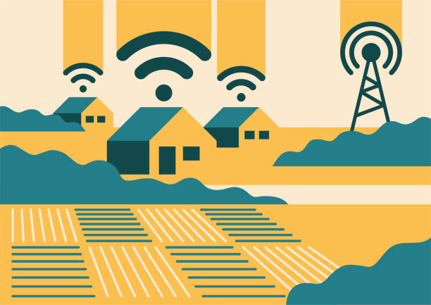 Rural broadband - internet for agriculture Rural broadband for e-connectivity of agricultural workers. Landscape with village houses and internet connection waves link house stock illustrations