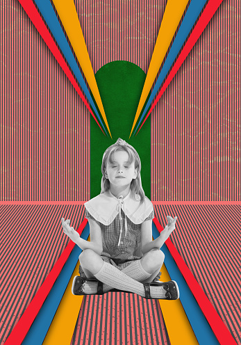Dreams, inspiration. Contemporary collage of charming little girl doing yoga meditation with colorful pop style creative background. Concept of knowledge of the world, education, learning self-knowledge