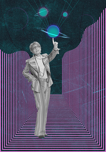 Contemporary art collage. Senior lady, woman standing around many space planets isolated over night starry sky background. Waiting for something. Concept of creativity, surrealism, abstract design