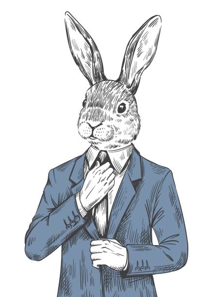 illustrations, cliparts, dessins animés et icônes de lapin en costume. lapin humain gravé, lièvre de pâques habillé en smoking à la mode avec nœud de cravate, gravure sur bois animal siège social hipster, croquis victorien ingénieux illustration vectorielle - lapin animal