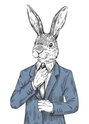 Rabbit in suit. Engraved human bunny, dressed easter hare in fashion tuxedo with tie bow, woodcut etching animal head office hipster, victorian sketch vector illustration of human rabbit suit