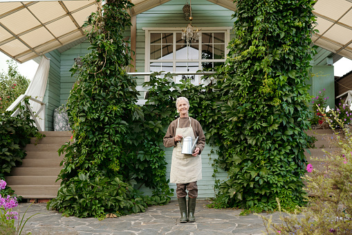 Happy old woman in workwear standing in front of camera against cottage or summer house overgrown with green grape leaves