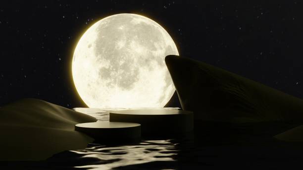 istock minimal black pedestal on water with beautiful moonlight, empty podium stand display, 3D blank platform for product showcase. 3d rendering. 1435284484
