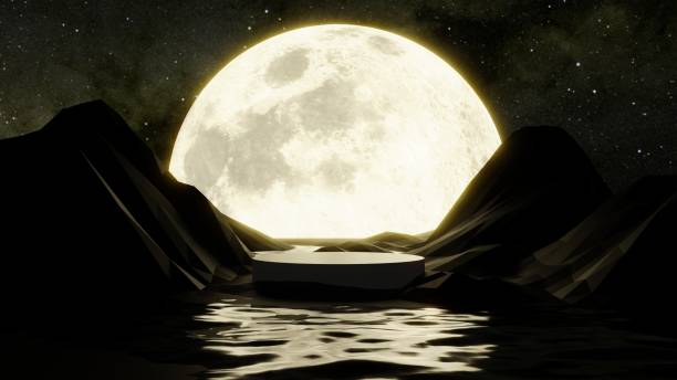 istock minimal black pedestal on water with beautiful moonlight, empty podium stand display, 3D blank platform for product showcase. 3d rendering. 1435284610