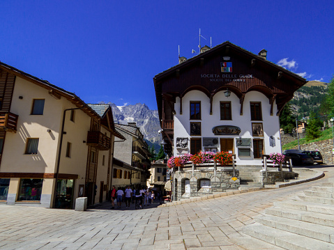 Courmayeur, August 1, 2022: Sunny view of the town centre.