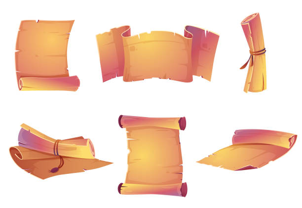 Set of ancient parchment rolls isolated on white Set of ancient parchment rolls isolated on white background. Cartoon vector illustration of antique document template. Old paper scroll, blank banner, unfolded vintage map or papyrus manuscript charter document stock illustrations