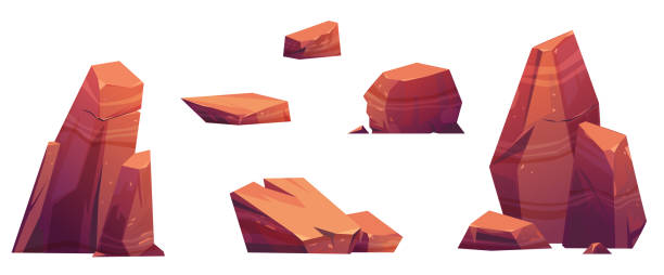 Desert stones, mountain rock lumps and pieces set Desert stones, mountain rock lumps and pieces. Natural geological materials, textures for pc game formation ui or gui elements isolated on white background, Cartoon vector illustration, icons set rock formation stock illustrations