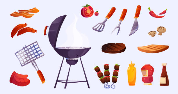 illustrations, cliparts, dessins animés et icônes de ensemble de barbecue, nourriture barbecue et éléments de cuisine - pince mecanique