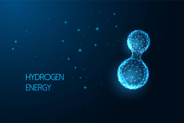 ilustrações, clipart, desenhos animados e ícones de visão microscópica da molécula de hidrogênio no fundo azul escuro. conceito de fontes alternativas de energia. - education futuristic abstract atom