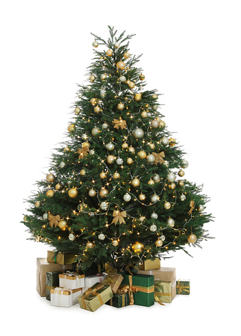 Christmas tree with beautiful decorations and gifts on white background