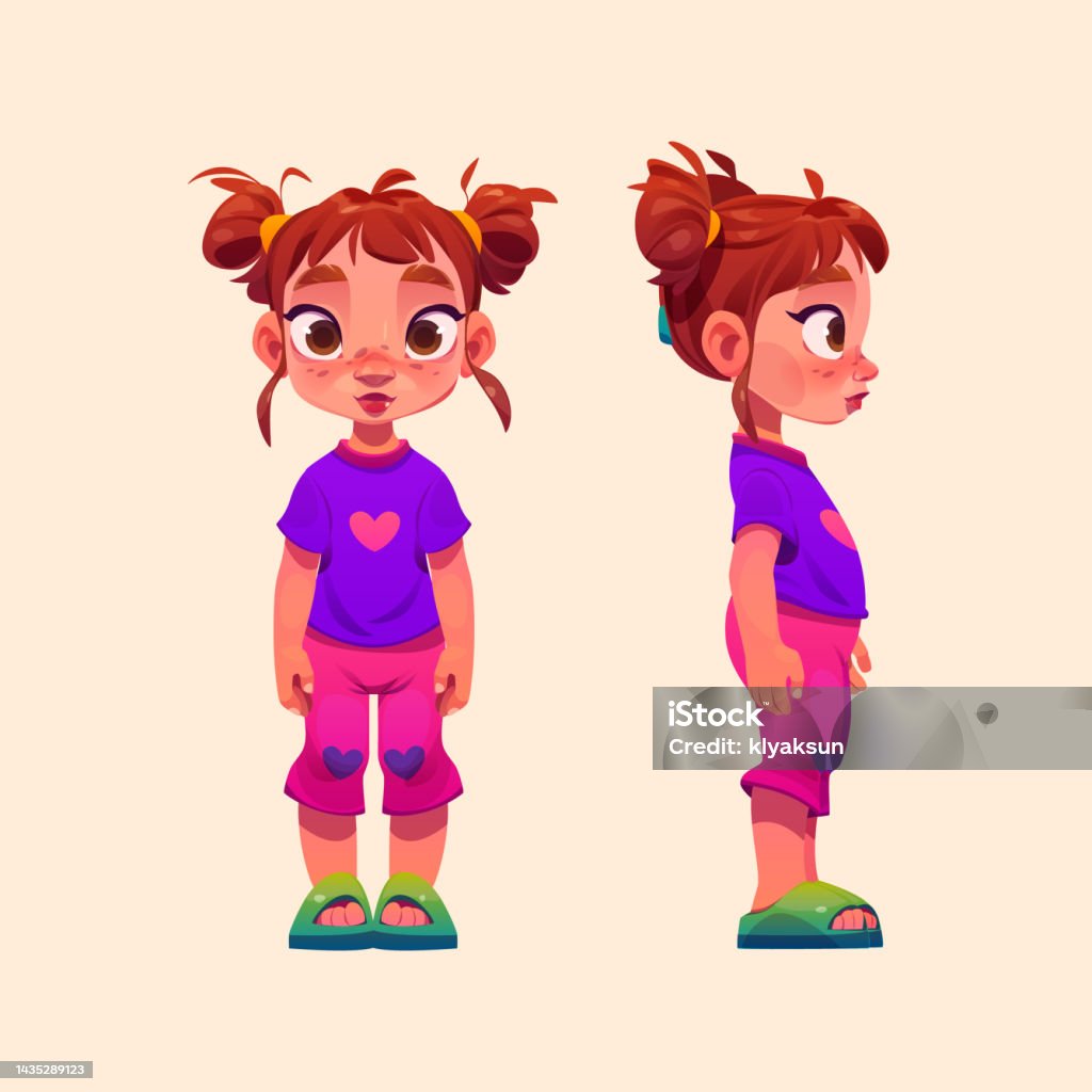 Cartoon Little Girl Front And Profile Side View Stock Illustration -  Download Image Now - Brown Hair, Girls, Beauty - iStock