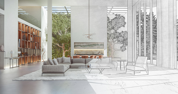 Canales de edición de capas 3D Renderizado Imágenes de lujoso salón grande con árbol y jardín vertical. Estilos combinados mixtos de modelo, realidad, colores y bocetos de dibujo digital photo