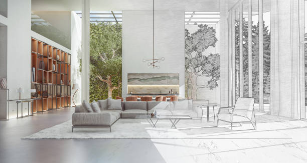 3D Layer Editing Channels Rendering Images of luxurious big living room with tree and vertical garden. Mixed combination styles of model, reality, colours and digital drawing sketches Artistic combination of rendering channels, joining reality, 3D model and digital drawings. green home decor stock pictures, royalty-free photos & images