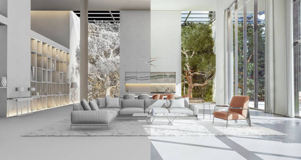 istock 3D Layer Editing Channels Rendering Images of luxurious big living room with tree and vertical garden. Mixed combination styles of model, reality, colours and digital drawing sketches 1435289170