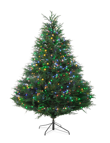 Beautiful Christmas tree with colorful lights isolated on white
