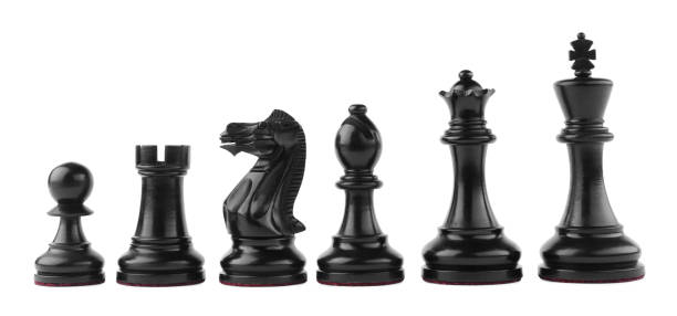 istock Row of black chess pieces on white background 1435289367