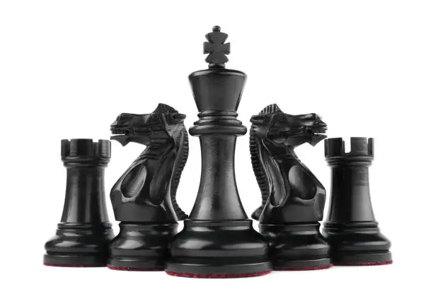 Set of black chess pieces on white background