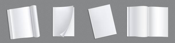 Magazine mock up, brochure or booklet template Magazine mock up, brochure or booklet template. Isolated open vertical notebook with white blank pages. Empty paper book, catalog, journal on transparent background, Realistic 3d vector illustration book display stock illustrations