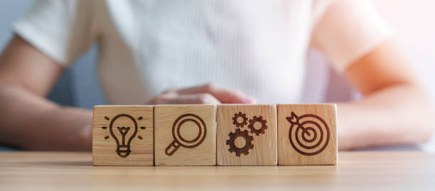 istock dartboard above Gear, magnifying and Lightbulb icon block. business planning process, goal, strategy, target, mission, action, research, teamwork and idea concept 1435290088