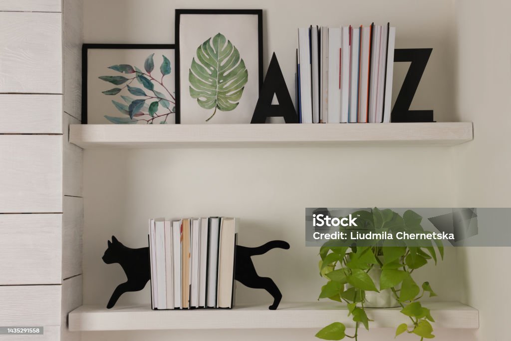 Bookends and other decor on shelves indoors. Interior design Bookend Stock Photo