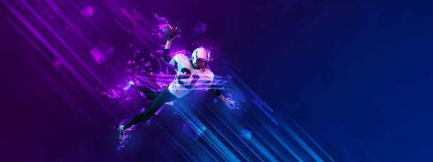 istock Creative artwork. Man, professional american football player in motion, training over dark blue background with polygonal and fluid neon elements. 1435292929