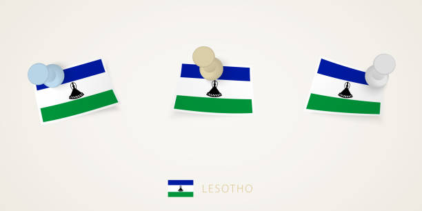 Pinned flag of Lesotho in different shapes with twisted corners. Vector pushpins top view. Pinned flag of Lesotho in different shapes with twisted corners. Vector pushpins top view. Flag set. lesotho flag stock illustrations