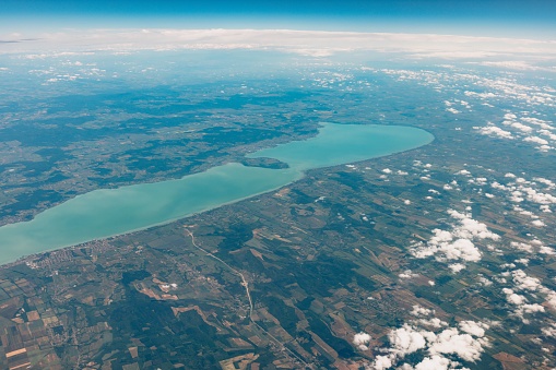 An aerial shot of the scenic Lake Balaton in Hungary