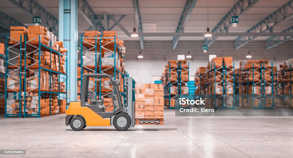 forklift with pallets inside a warehouse. forklift with pallets inside a warehouse. 3d render Warehouse Stock Photo