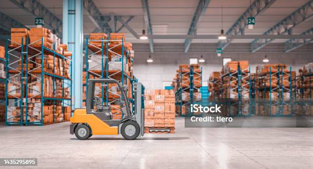 Forklift With Pallets Inside A Warehouse Stock Photo - Download Image Now - Warehouse, Forklift, Distribution Warehouse