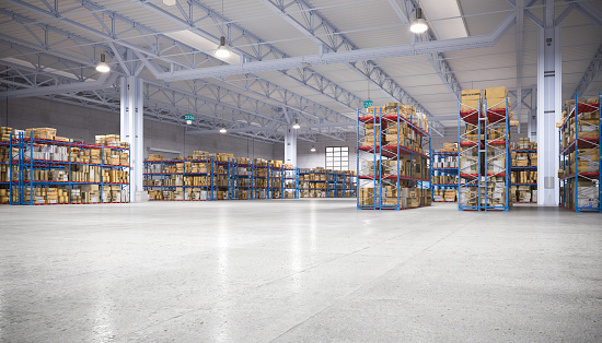 interior of a large warehouse with shelves and goods. 3d render