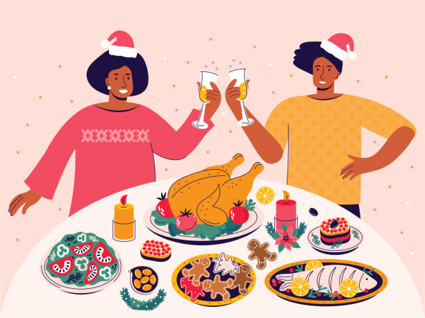 Happy people celebrating Christmas at the festive table, eating holiday meals and drinking wine. Family New Year Eve dinner. Xmas party. Man and woman celebrating new year. Flat vector illustration Happy people celebrating Christmas at the festive table, eating holiday meals and drinking wine. Family New Year Eve dinner. Xmas party. Man and woman celebrating new year. Flat vector illustration. christmas family party stock illustrations
