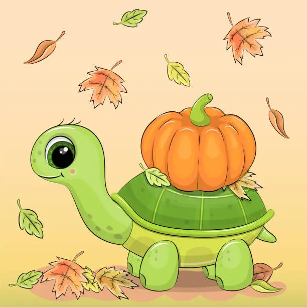 Vector illustration of Cute cartoon green turtle with pumpkin and leaves.