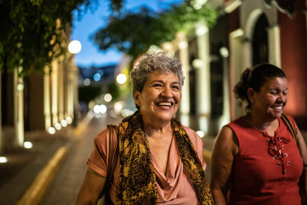Senior friends walking at the historic district