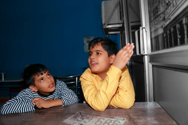 Two sibling of Indian ethnicity sitting portrait in the restaurant and waiting for food.