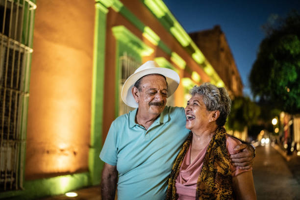 Senior couple talking at the historic district