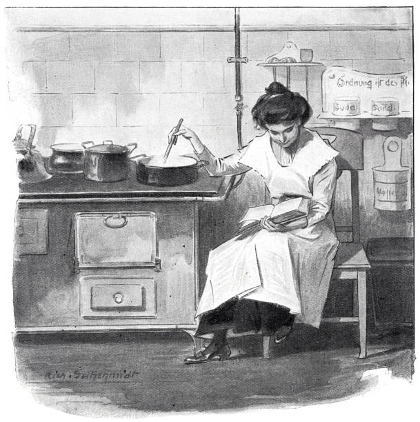 młoda kobieta siedząca przy piecu, miesza zupę na kuchence podczas czytania powieści - kuchenka-obrazy stock illustrations